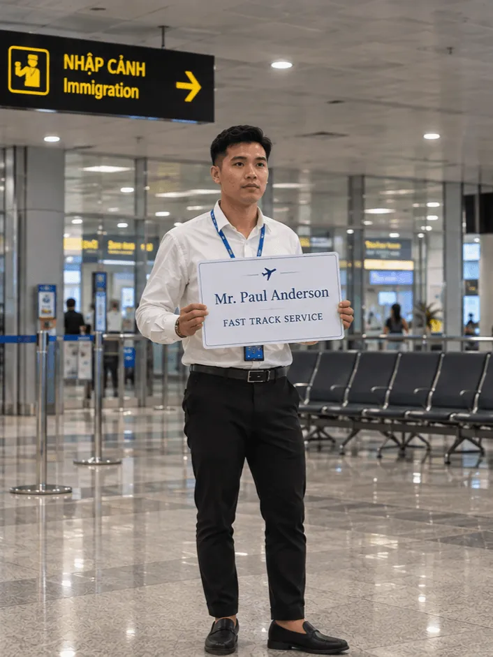 A staff member in a white shirt holds a Fast Track Service name sign in an airport hall, under a sign pointing to Immigration